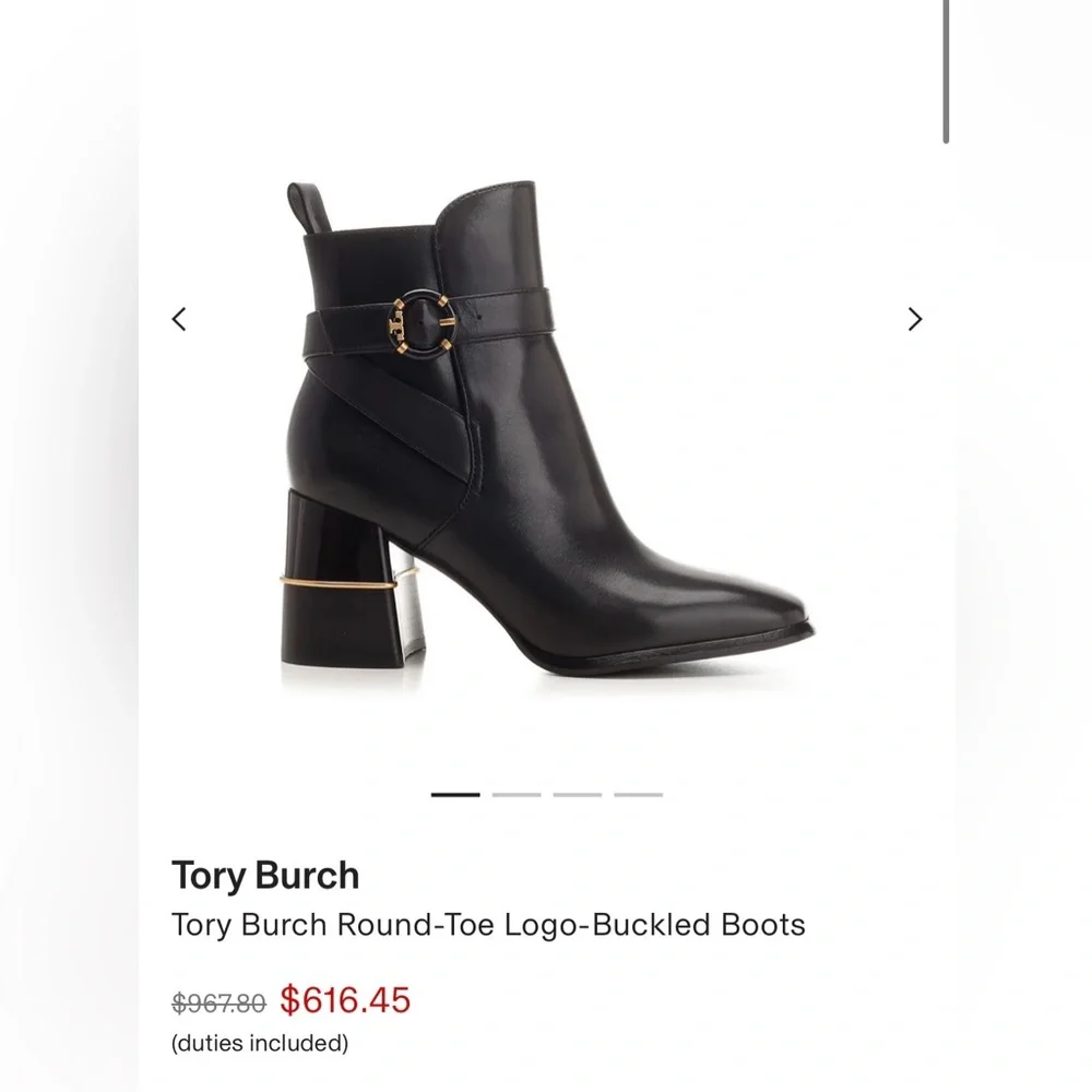 Tory Burch Black Leather Ankle Boots with Logo Buckle and gold accent EUC size 9